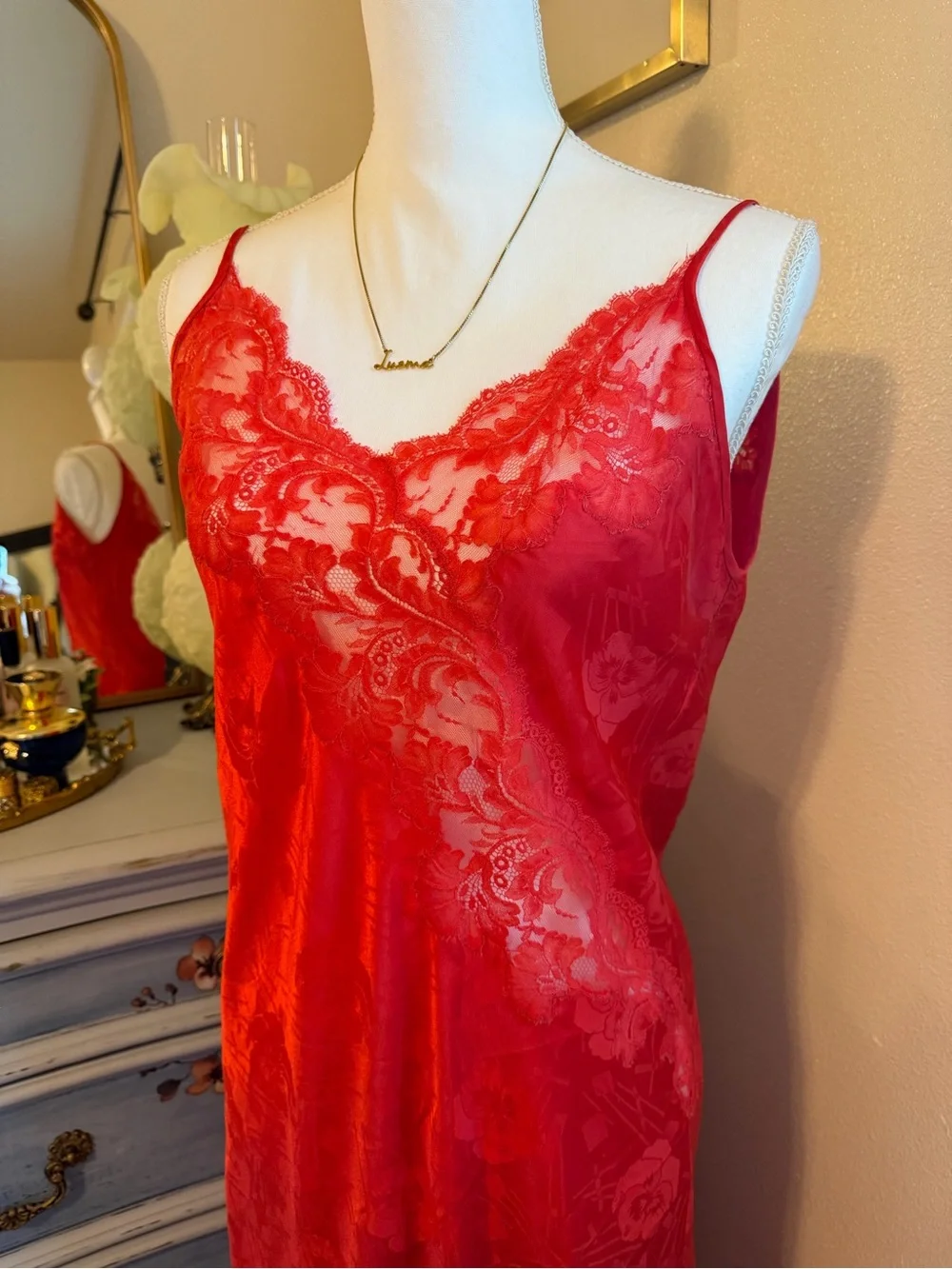 Vintage Red Lace Satin Slip Gown - Picture 3 of 4